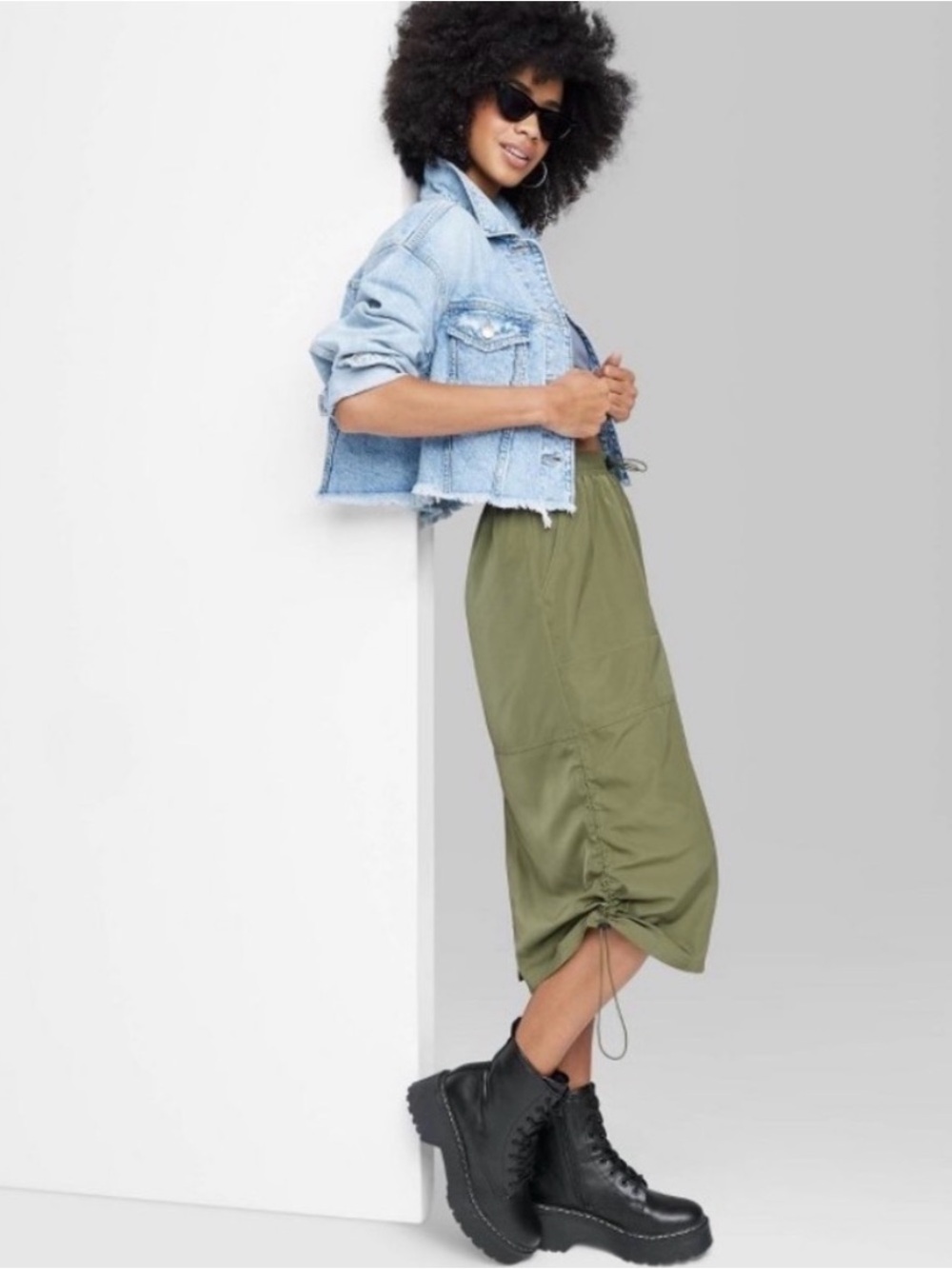 wild fable Olive Green Drawstring Utility Midi Skirt size Small